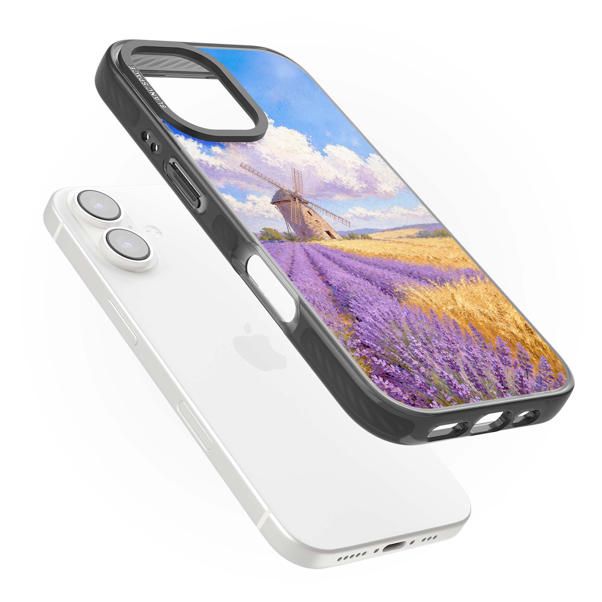 Lavender Mill cottagecore iPhone case featuring a French windmill, lavender field and golden wheat oil painting | Black Impact case for iPhone 16, iPhone 16 Plus