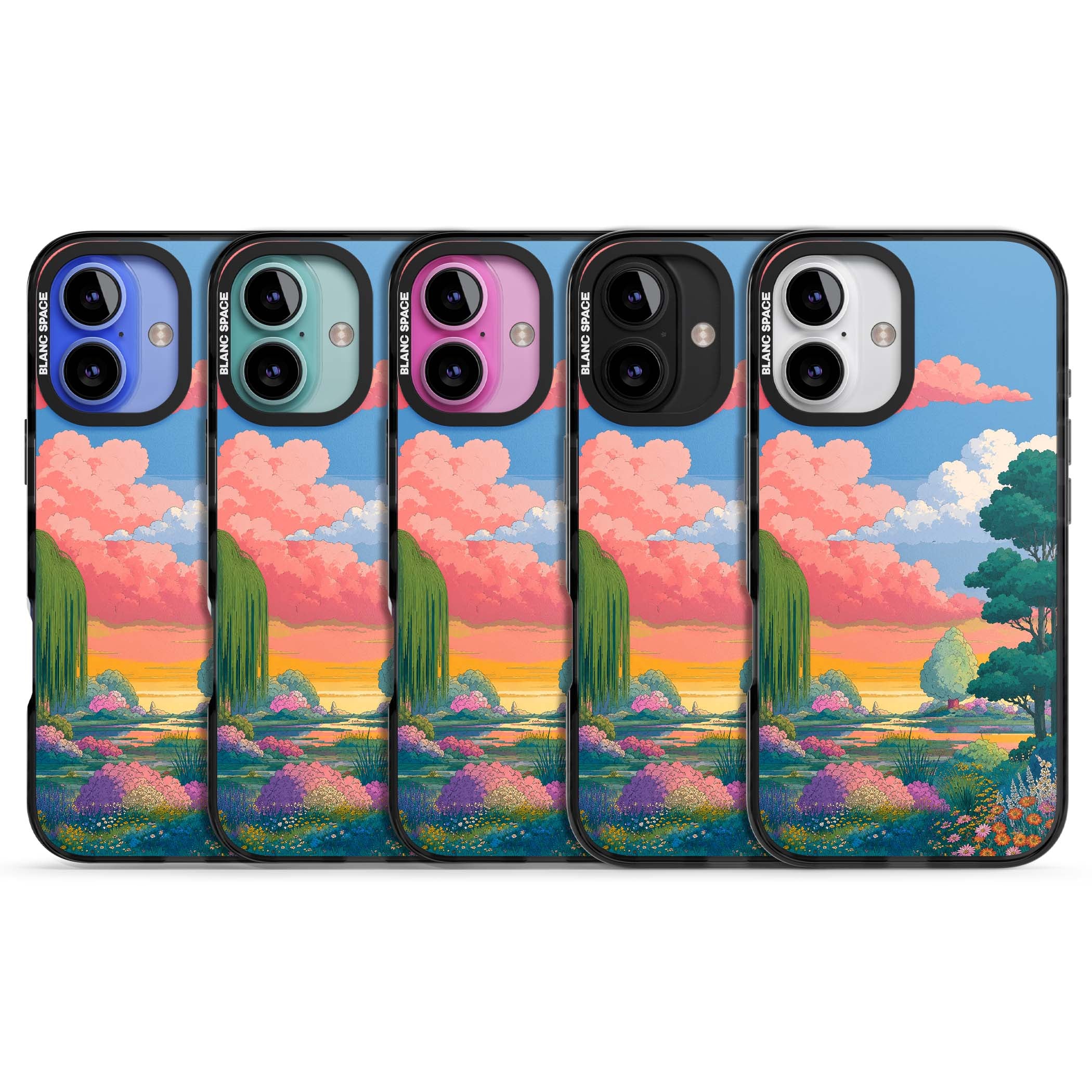 Dream Valley anime landscape iPhone case featuring pink sunset clouds, willow trees and wildflowers | Black Impact case for iPhone 16, iPhone 16 Plus