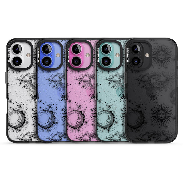 iPhone 16 Pro Max Transparent Suns, Moons & Clouds Black Impact Phone Case