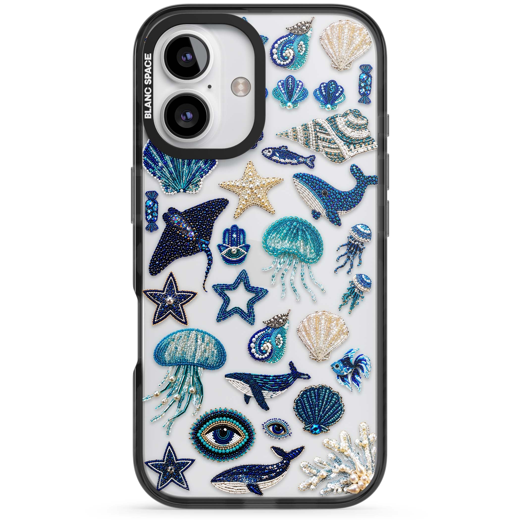 Beaded Coastal coastal iPhone case featuring embroidered seashells, jellyfish and a blue whale on clear | Black Impact case for iPhone 16, iPhone 16 Plus