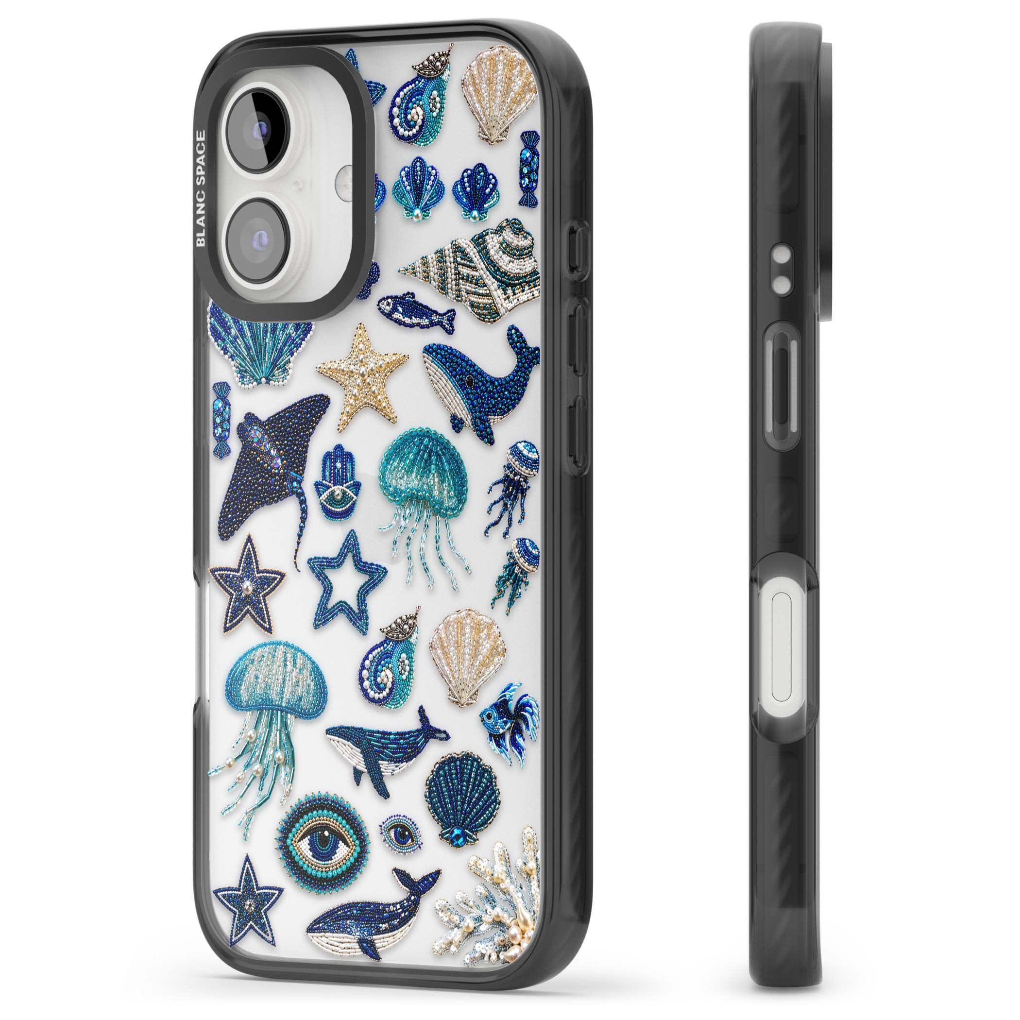 Beaded Coastal coastal iPhone case featuring embroidered seashells, jellyfish and a blue whale on clear | Black Impact case for iPhone 16, iPhone 16 Plus