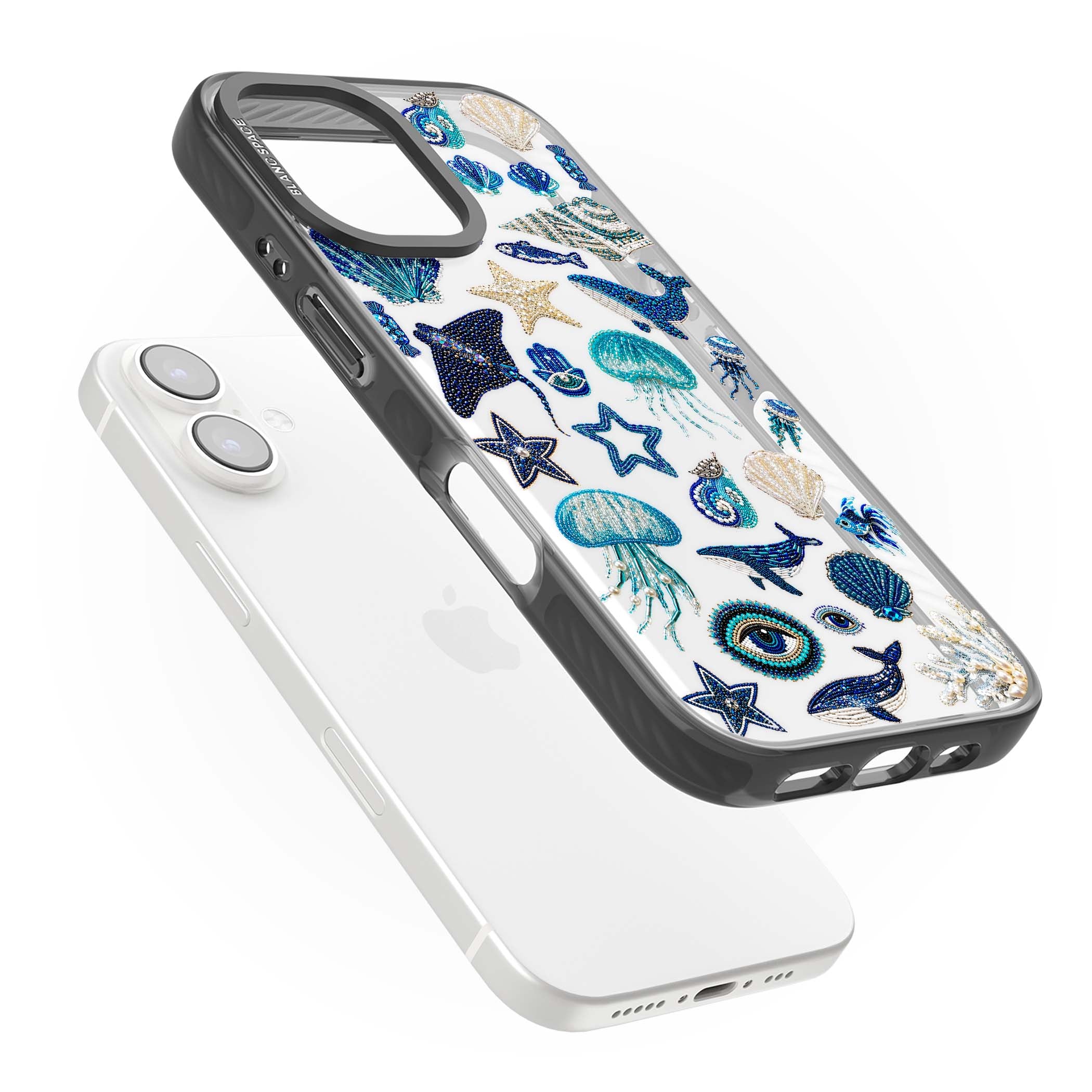 Beaded Coastal coastal iPhone case featuring embroidered seashells, jellyfish and a blue whale on clear | Black Impact case for iPhone 16, iPhone 16 Plus
