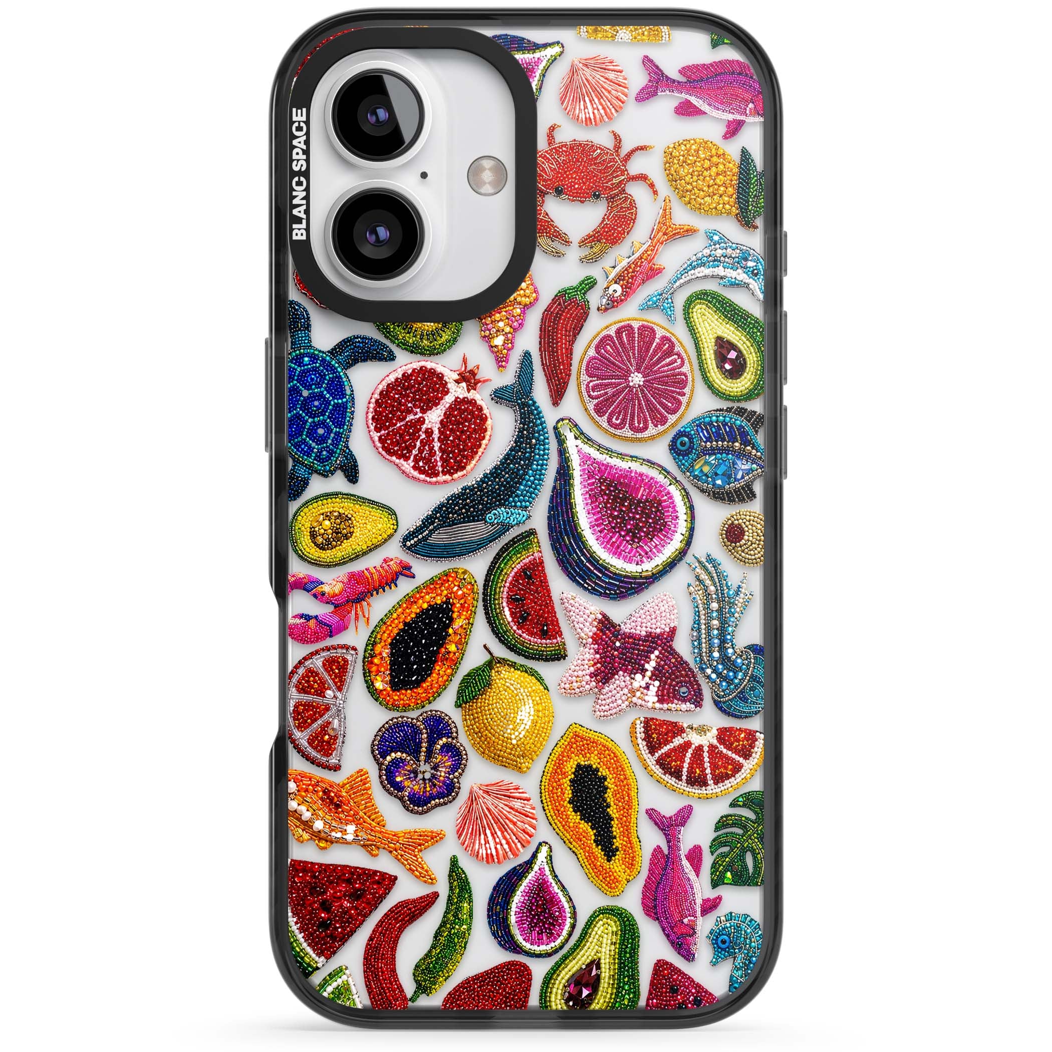 Beaded Tropic tropical iPhone case featuring beaded fruit, fish, crabs and seashells in vibrant colour | Black Impact case for iPhone 16, iPhone 16 Plus