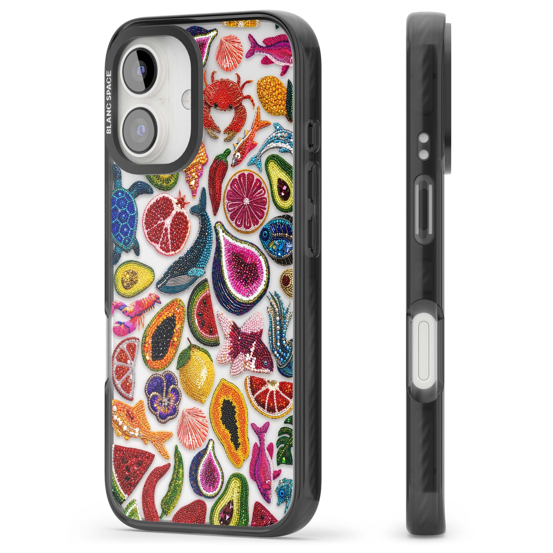 Beaded Tropic tropical iPhone case featuring beaded fruit, fish, crabs and seashells in vibrant colour | Black Impact case for iPhone 16, iPhone 16 Plus