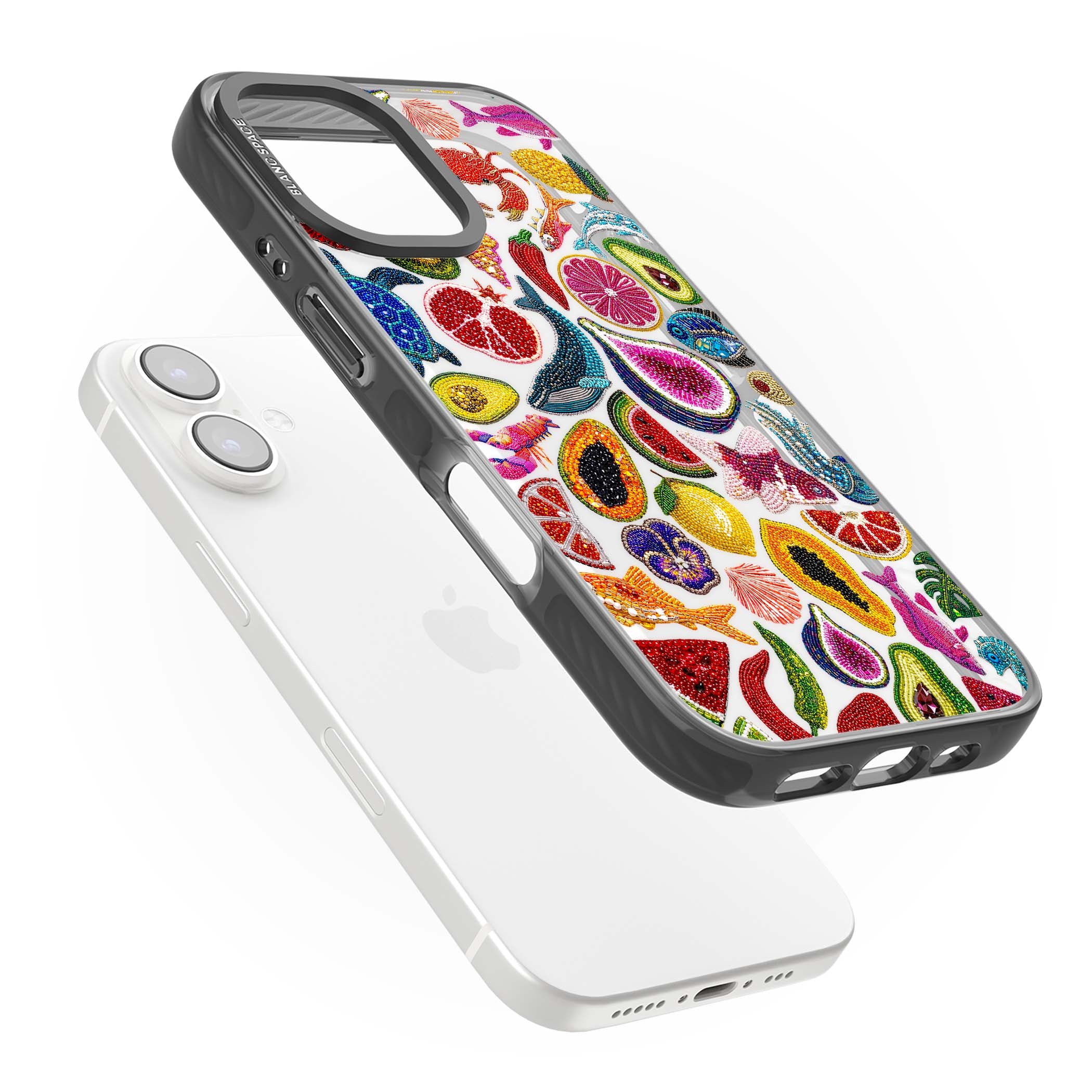 Beaded Tropic tropical iPhone case featuring beaded fruit, fish, crabs and seashells in vibrant colour | Black Impact case for iPhone 16, iPhone 16 Plus