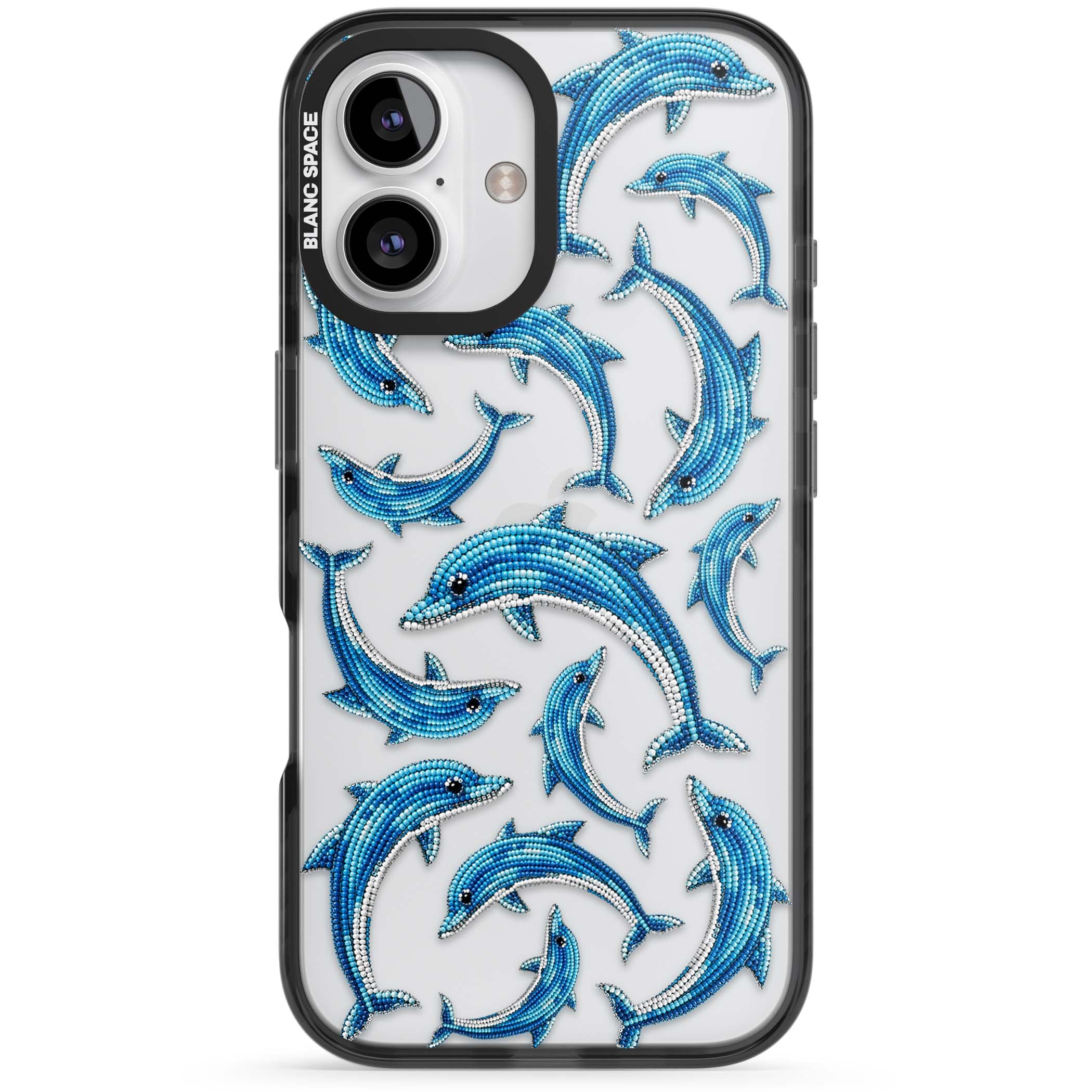 Beaded Dolphins coastal iPhone case featuring beaded dolphins in blue and white swimming across a clear background | Black Impact case for iPhone 16, iPhone 16 Plus