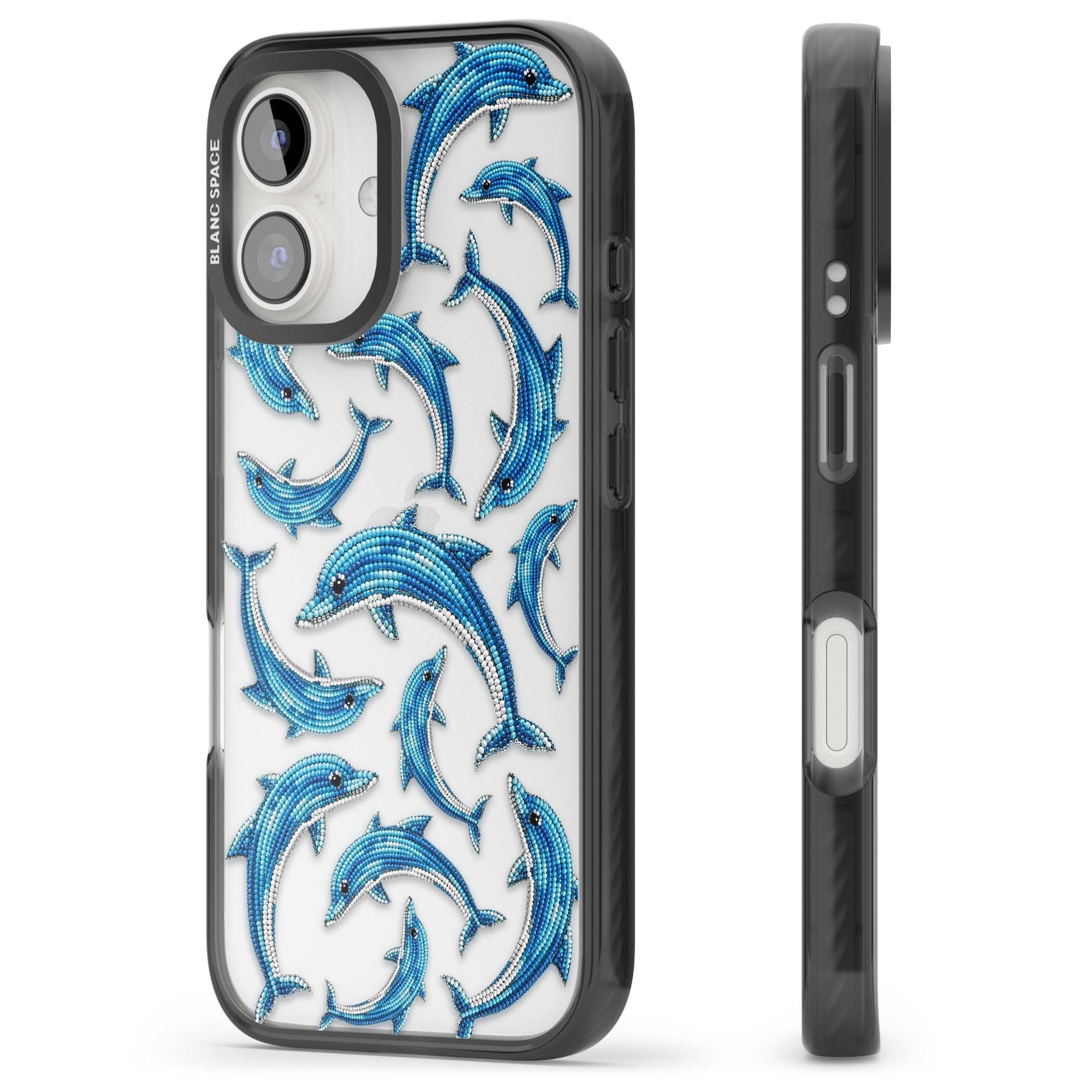 Beaded Dolphins coastal iPhone case featuring beaded dolphins in blue and white swimming across a clear background | Black Impact case for iPhone 16, iPhone 16 Plus