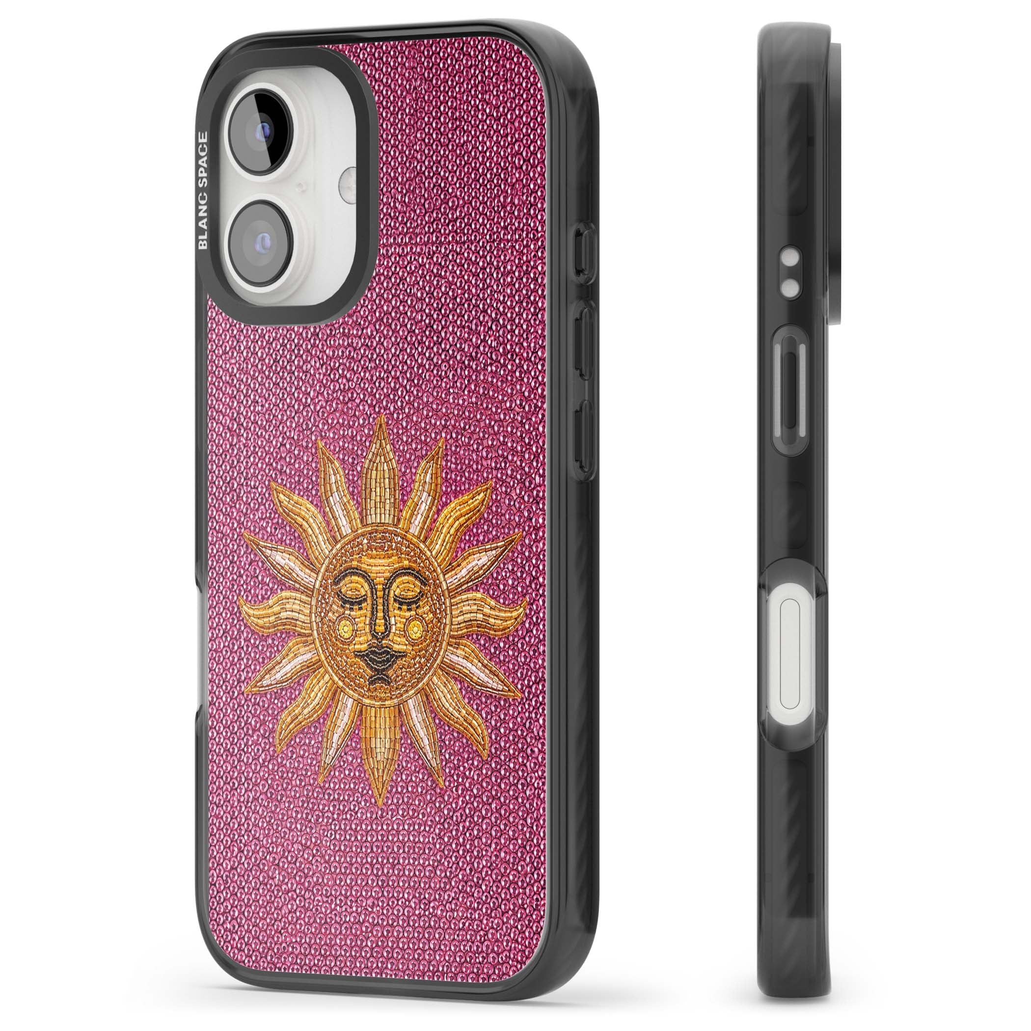 Beaded Sun celestial iPhone case featuring a golden beaded sun face with radiant rays on hot pink beaded background | Black Impact case for iPhone 16, iPhone 16 Plus