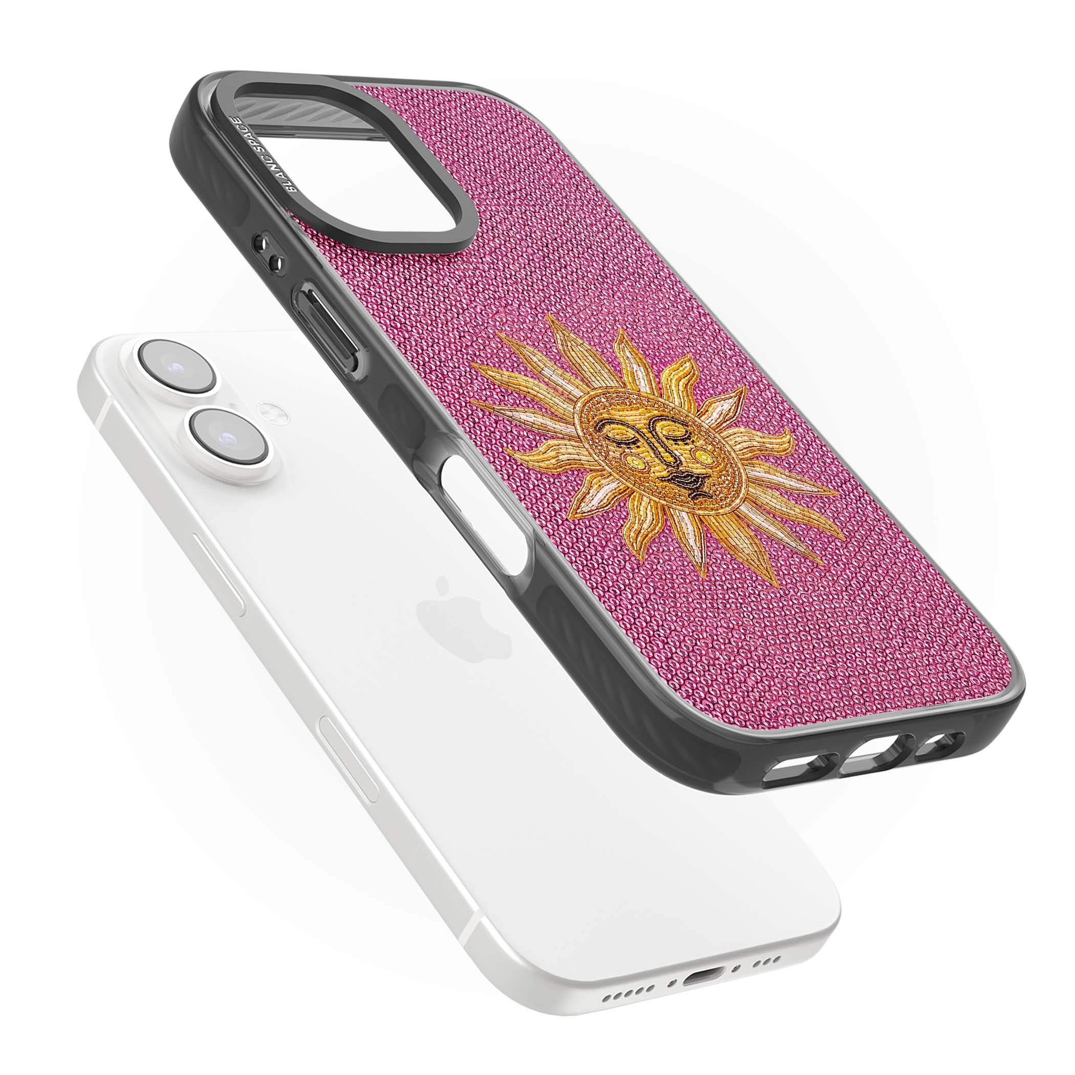 Beaded Sun celestial iPhone case featuring a golden beaded sun face with radiant rays on hot pink beaded background | Black Impact case for iPhone 16, iPhone 16 Plus