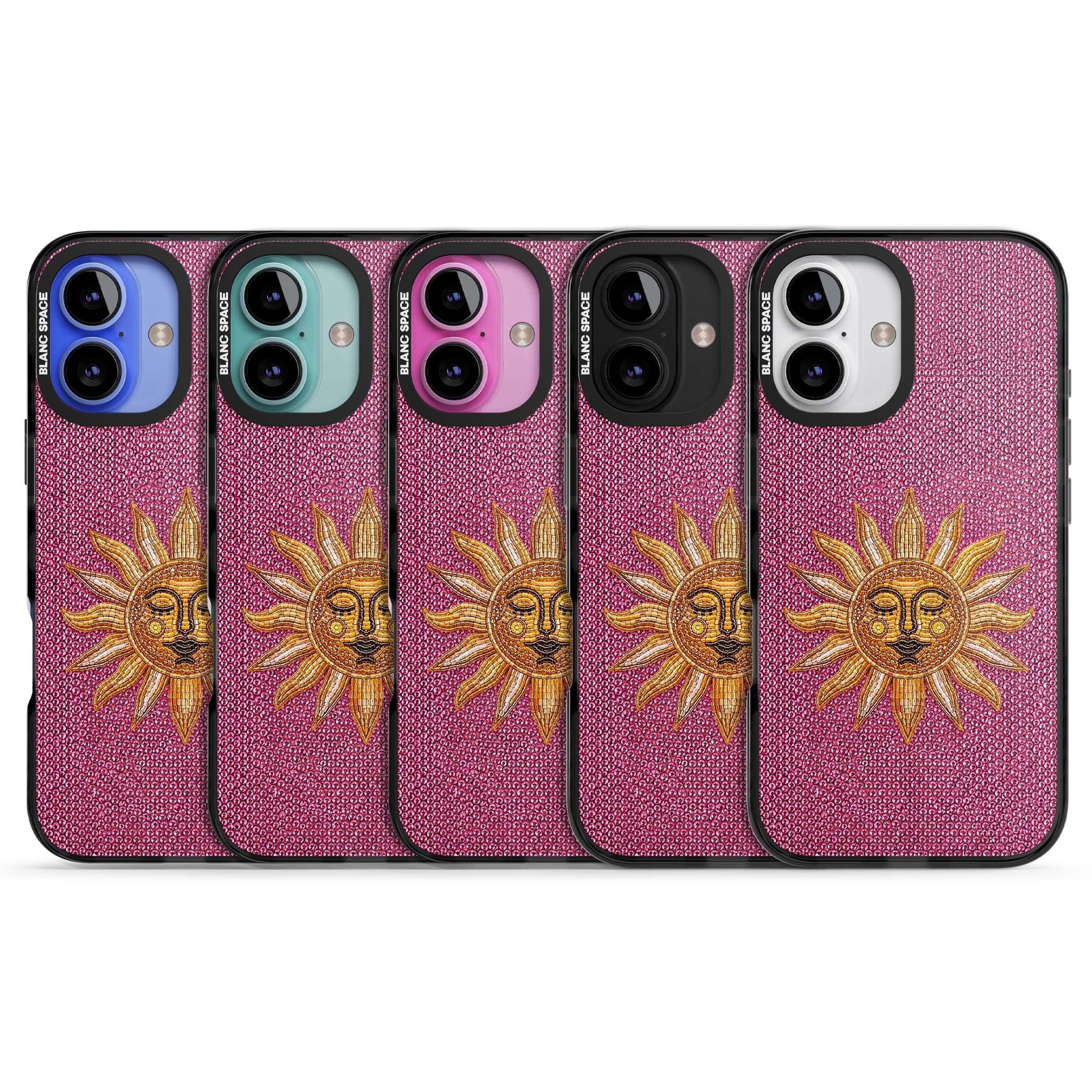 Beaded Sun celestial iPhone case featuring a golden beaded sun face with radiant rays on hot pink beaded background | Black Impact case for iPhone 16, iPhone 16 Plus