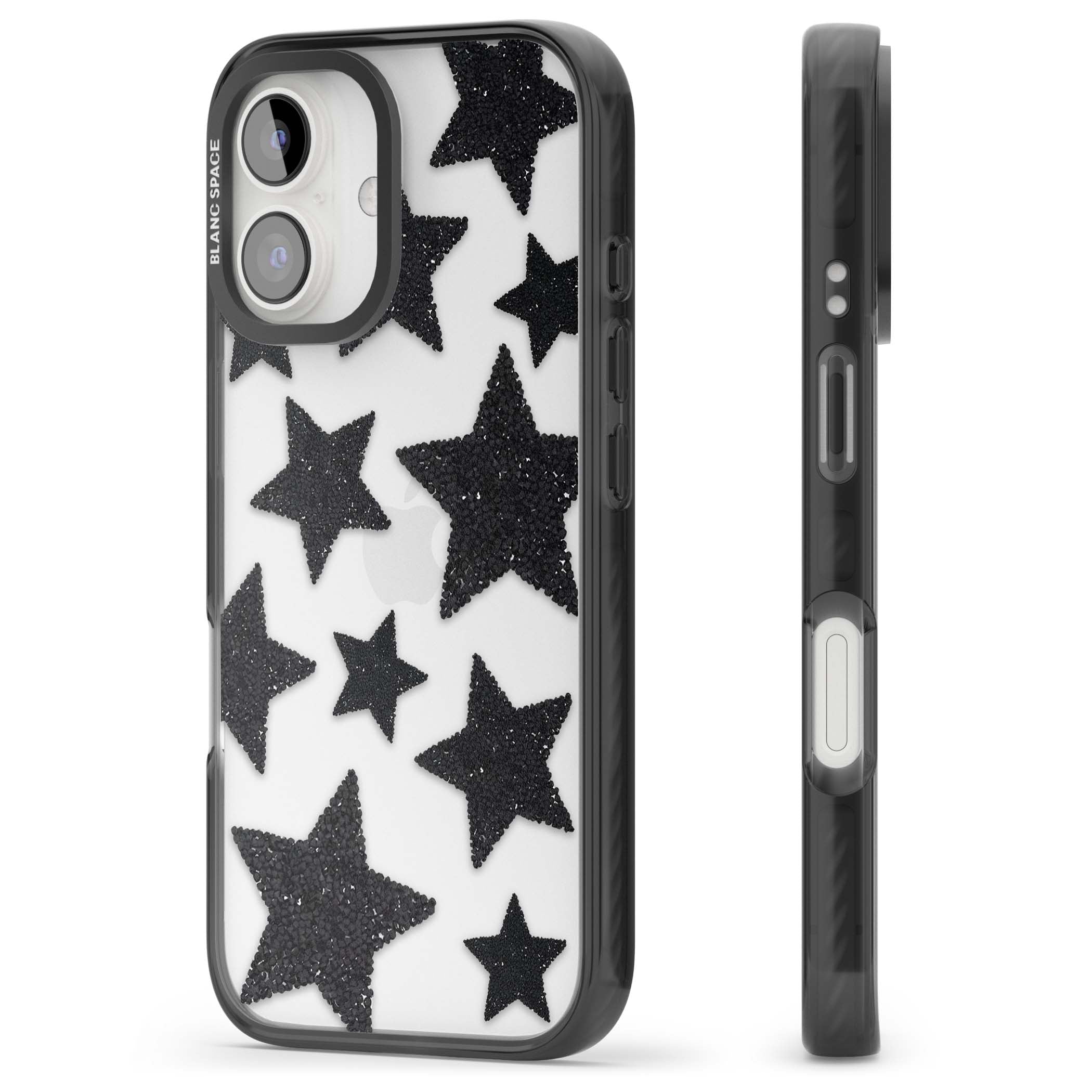 Beaded Black Stars celestial iPhone case featuring black glitter beaded stars scattered on a clear background | Black Impact case for iPhone 16, iPhone 16 Plus