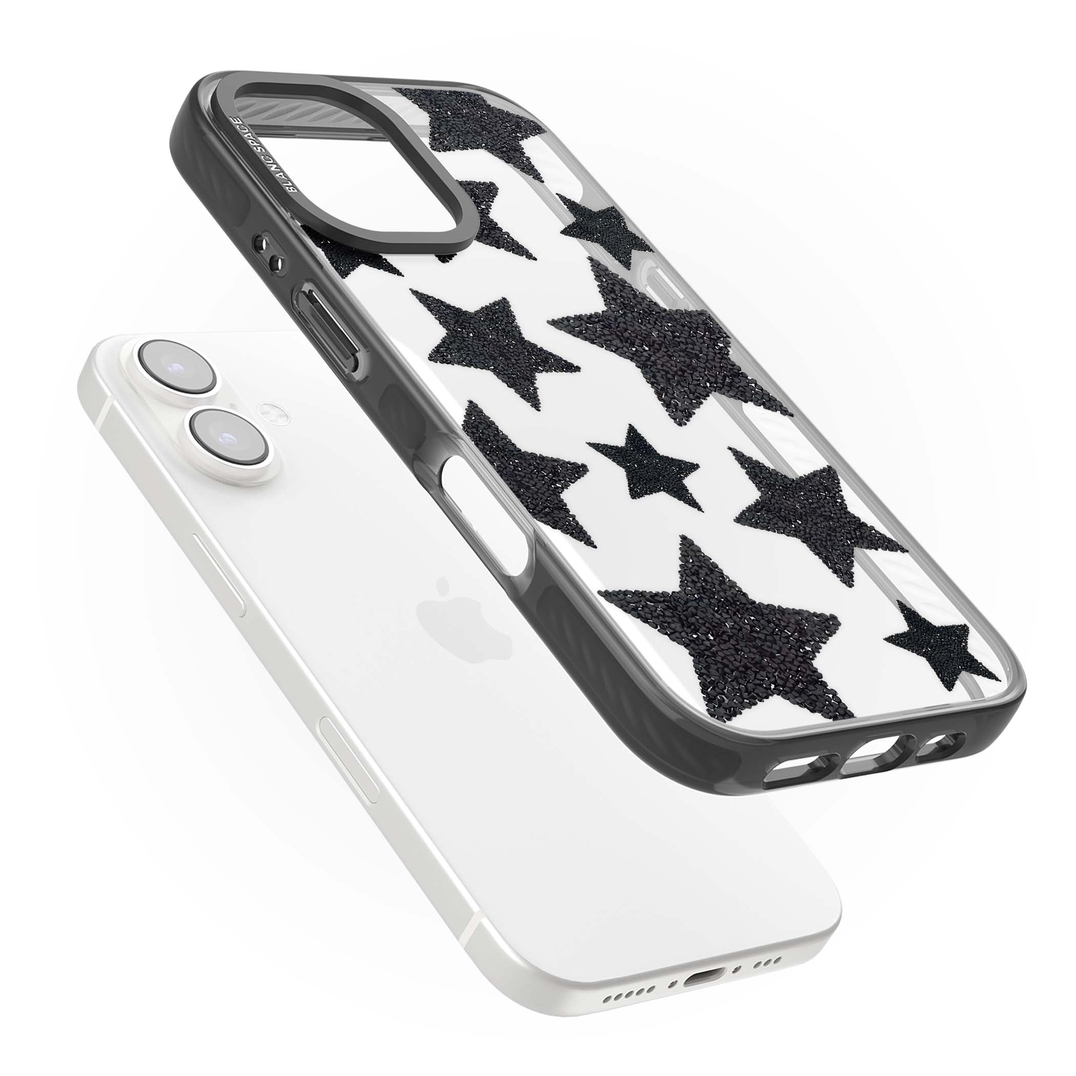 Beaded Black Stars celestial iPhone case featuring black glitter beaded stars scattered on a clear background | Black Impact case for iPhone 16, iPhone 16 Plus