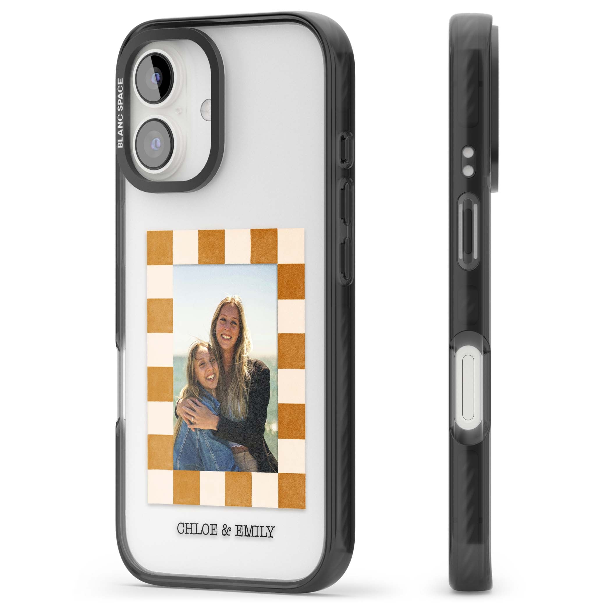 Citrus Check Photo personalised iPhone case with custom photo, orange checkered frame and names underneath | Black Impact case for iPhone 16, iPhone 16 Plus
