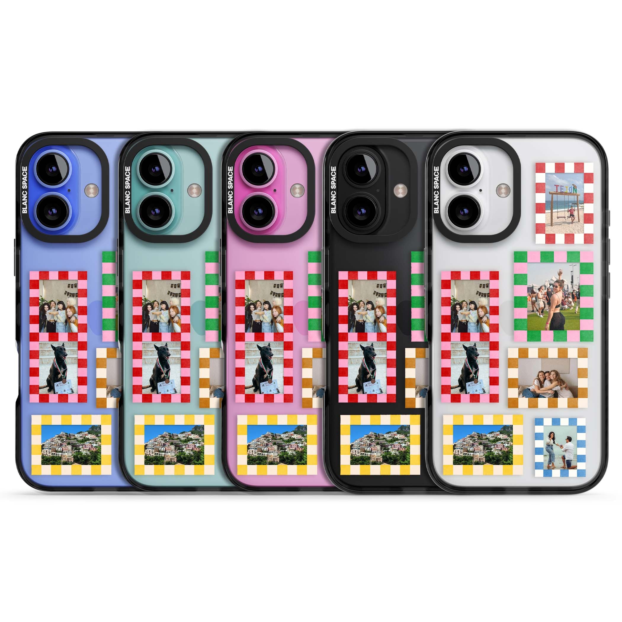Italian Check Frames custom photo collage iPhone case featuring six checkered photo frames in red, green, pink and  | Black Impact case for iPhone 16, iPhone 16 Plus