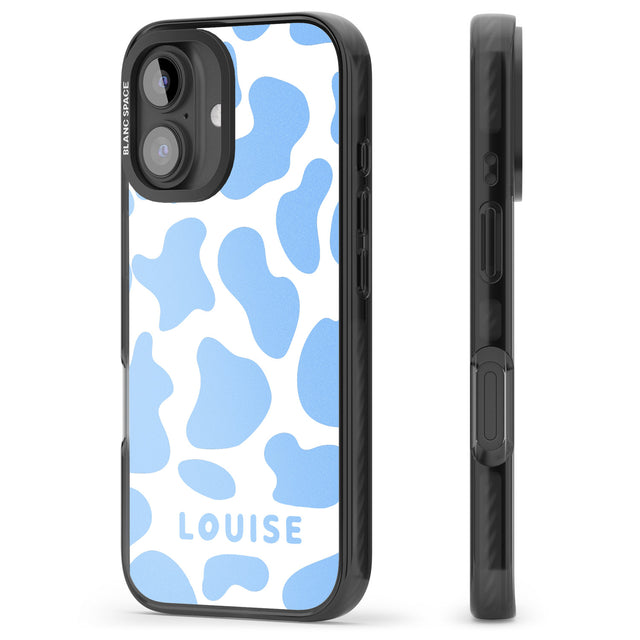 iPhone 16 Pro Max Personalised Blue and White Cow Print Black Impact Phone Case