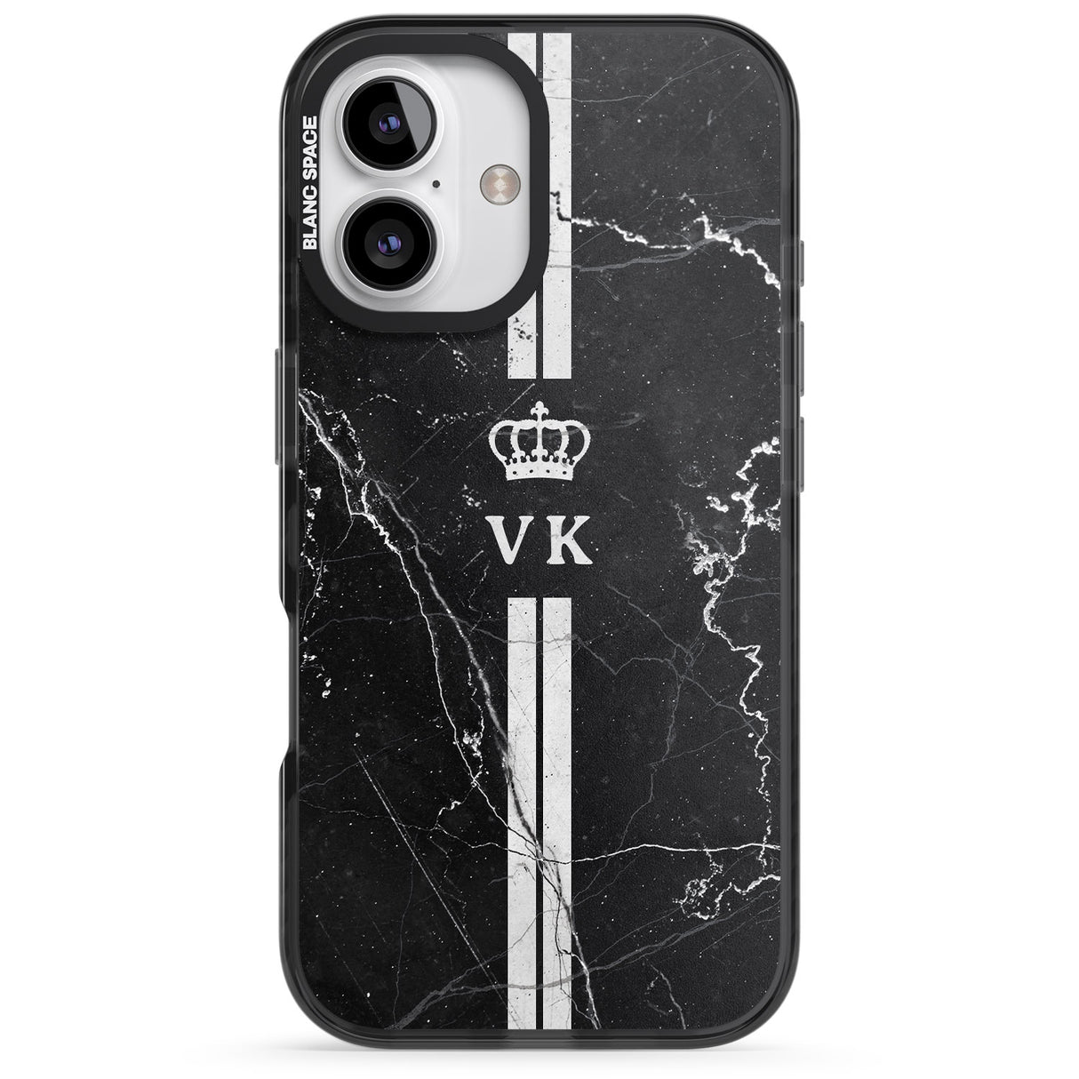 iPhone 16 Pro Max Personalised Stripes + Initials with Crown on Black Marble Black Impact Phone Case