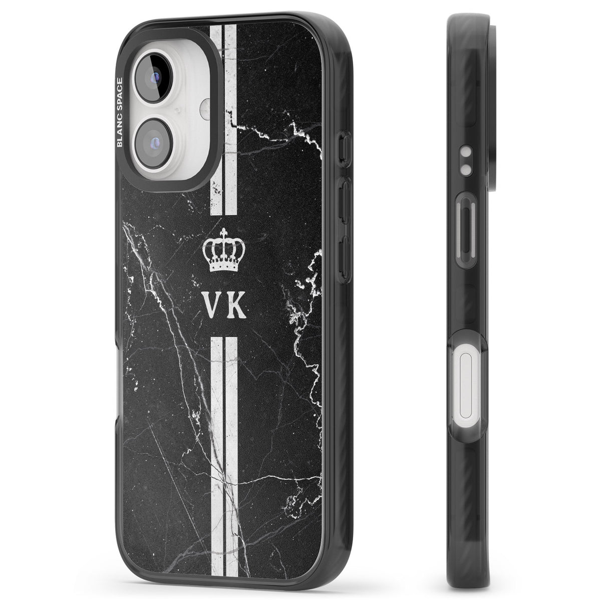 iPhone 16 Pro Max Personalised Stripes + Initials with Crown on Black Marble Black Impact Phone Case