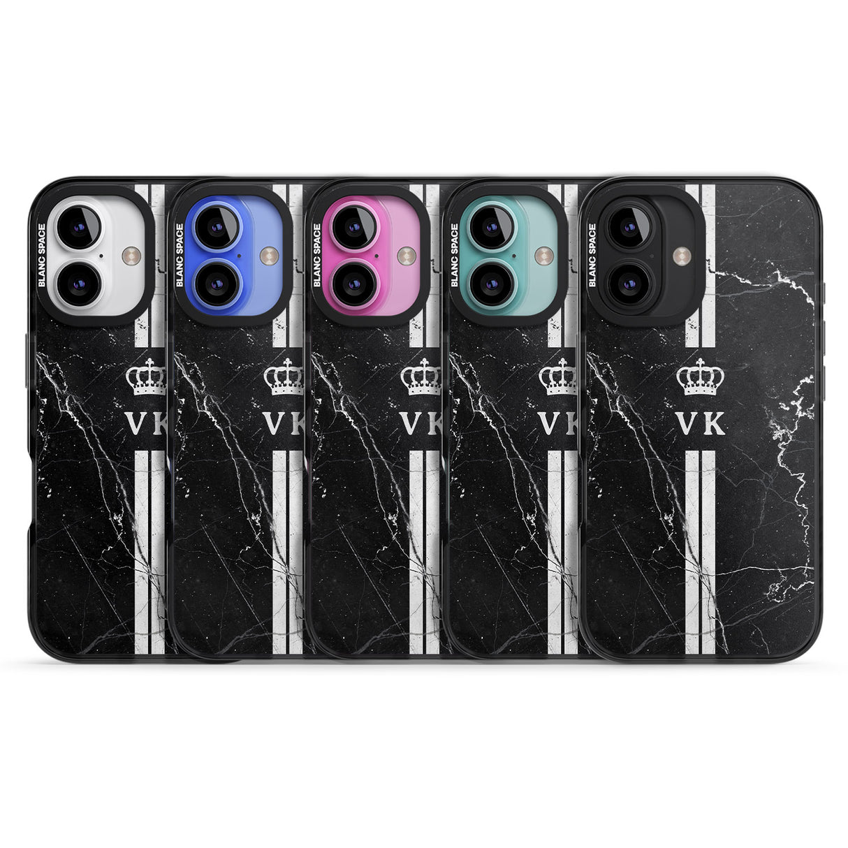 iPhone 16 Pro Max Personalised Stripes + Initials with Crown on Black Marble Black Impact Phone Case