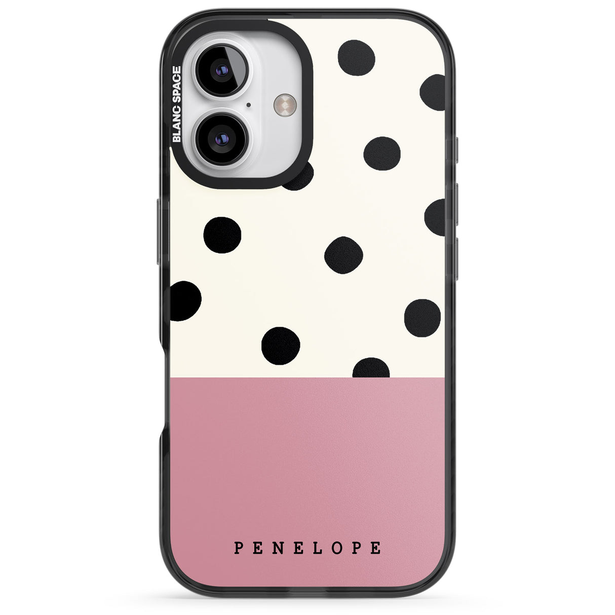 iPhone 16 Pro Max Personalised Pink Border Polka Dot Black Impact Phone Case