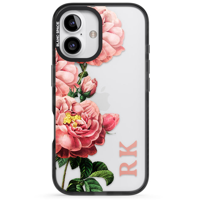 iPhone 16 Pro Max Personalised Clear Vintage Floral Pink Peonies Black Impact Phone Case