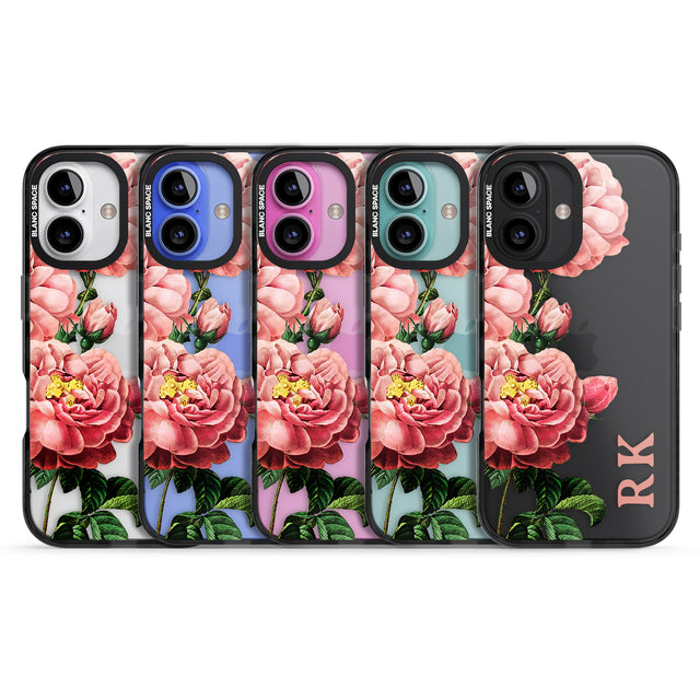 iPhone 16 Pro Max Personalised Clear Vintage Floral Pink Peonies Black Impact Phone Case