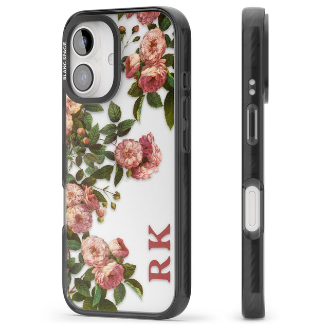 iPhone 16 Pro Max Personalised Clear Vintage Floral Pink Garden Roses Black Impact Phone Case