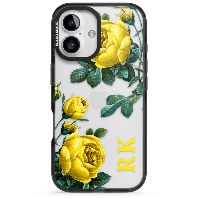 iPhone 16 Pro Max Personalised Clear Vintage Floral Yellow Roses Black Impact Phone Case