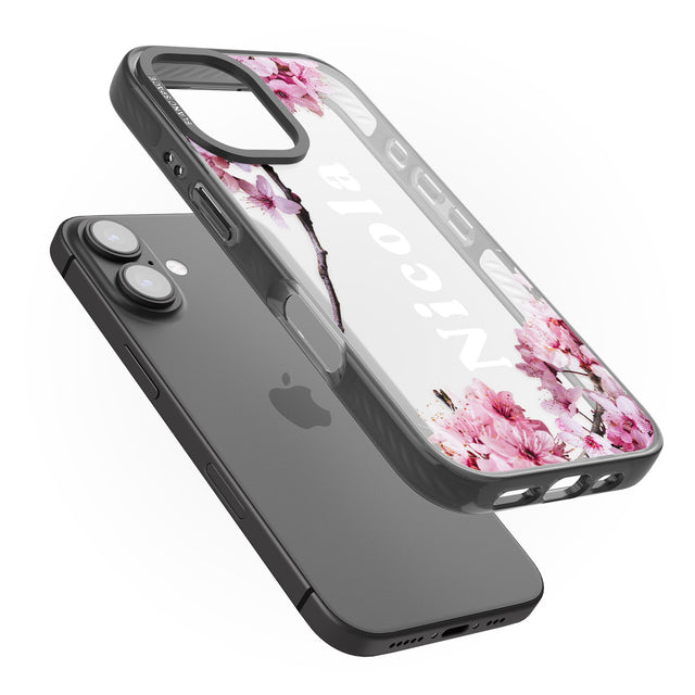 iPhone 16 Pro Max Personalised Cherry Blossoms with Text Black Impact Phone Case