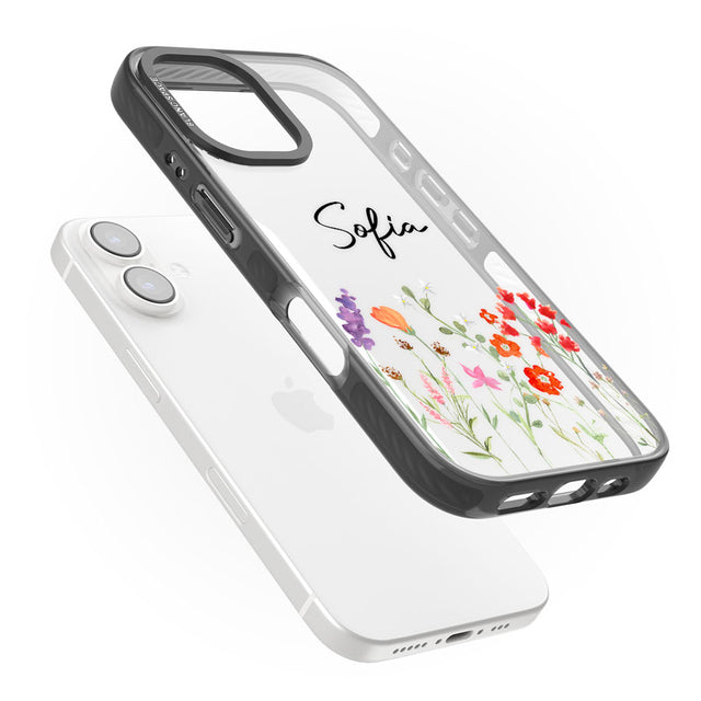 Personalised Spring Wildflowers Black Impact Phone Case for iPhone 16, iPhone 16 Plus