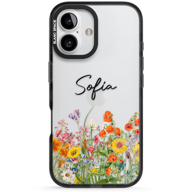 Personalised Summer Wildflowers Black Impact Phone Case for iPhone 16, iPhone 16 Plus