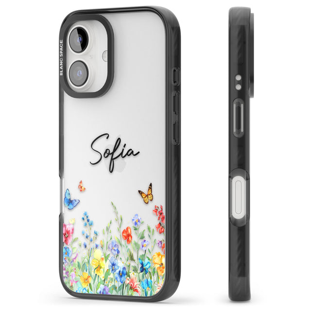 Personalised Buterflies & Wildflowers Black Impact Phone Case for iPhone 16, iPhone 16 Plus