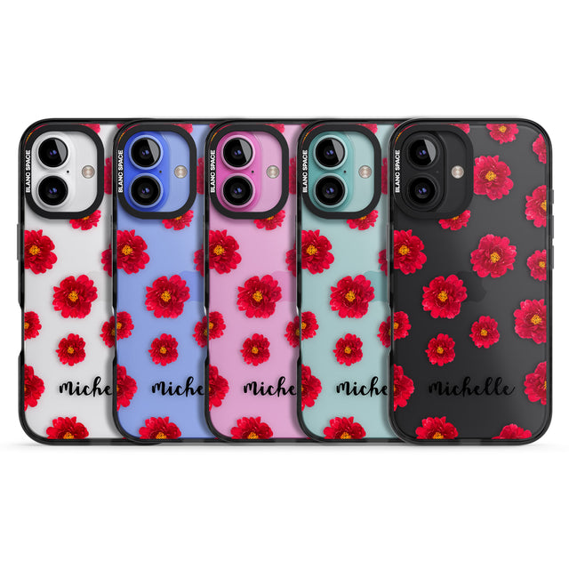 iPhone 16 Pro Max Personalised Red Peonies & Cursive Black Impact Phone Case