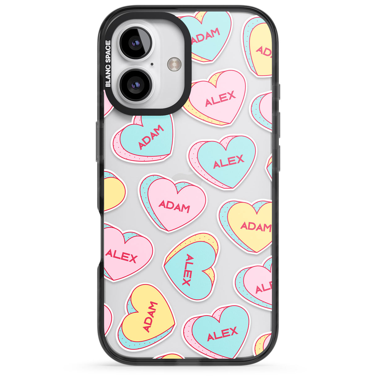 iPhone 16 Pro Max Personalised Text Love Hearts Black Impact Phone Case