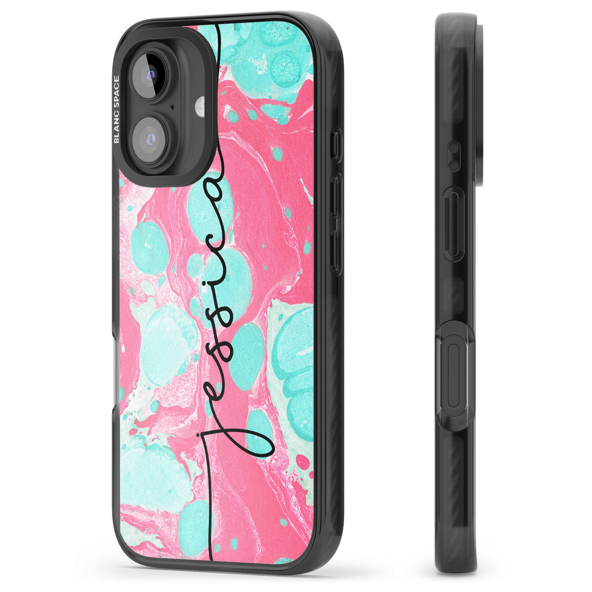 iPhone 16 Pro Max Personalised Turquoise & Pink - Marbled Black Impact Phone Case