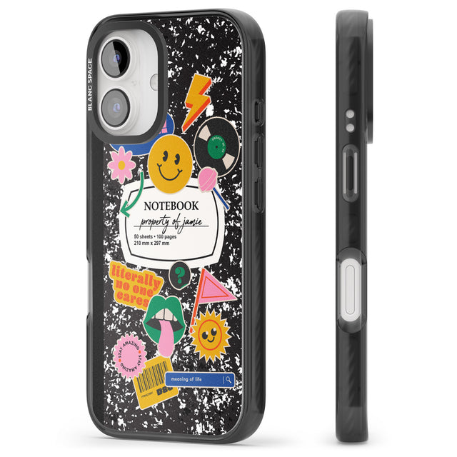 iPhone 16 Pro Max Personalised Notebook Cover with Stickers Black Impact Phone Case