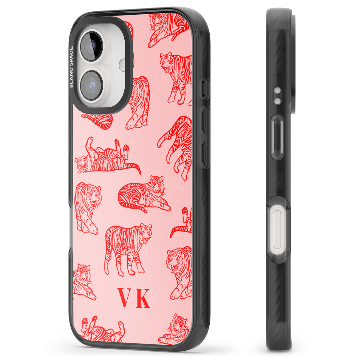 iPhone 16 Pro Max Personalised Red Tiger Outlines on Pink Black Impact Phone Case