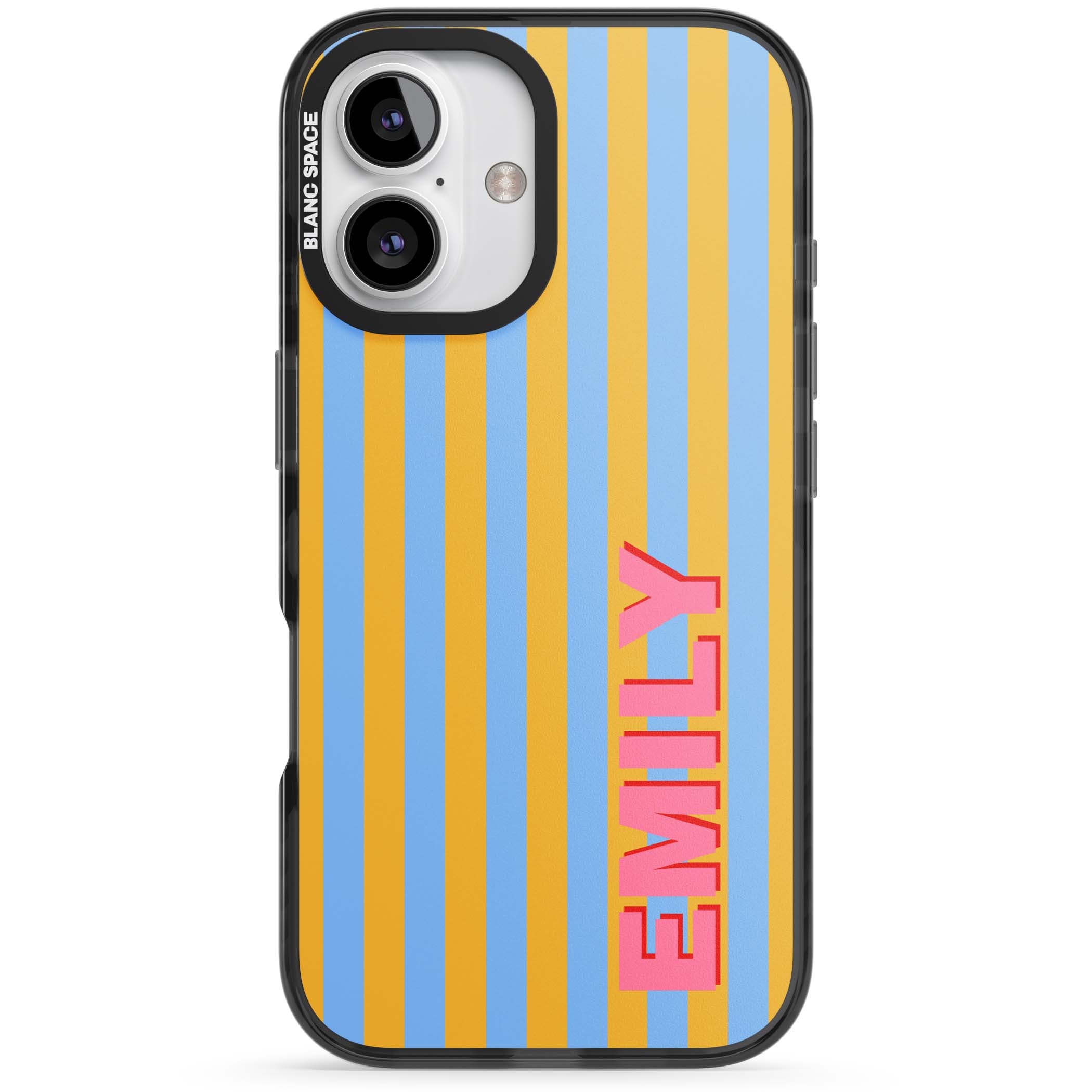 Carribean Stripe personalised coastal iPhone case with yellow and blue vertical stripes and a custom pink name | Black Impact case for iPhone 16, iPhone 16 Plus