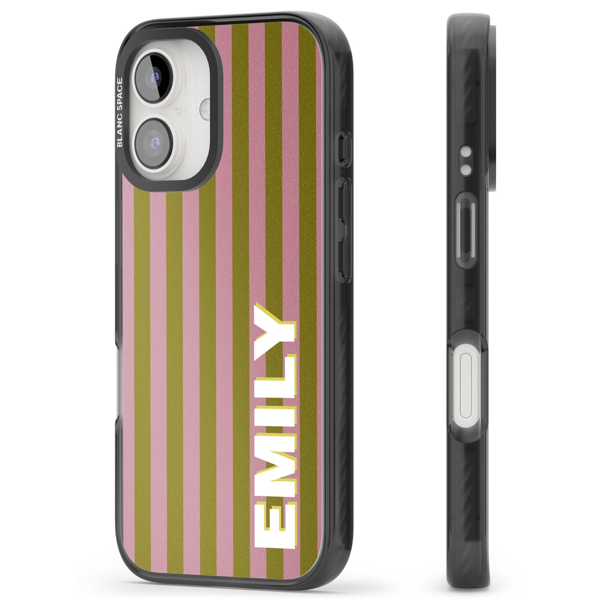 Istanbul Stripe personalised iPhone case featuring pink and olive green vertical stripes with a custom vertical name | Black Impact case for iPhone 16, iPhone 16 Plus