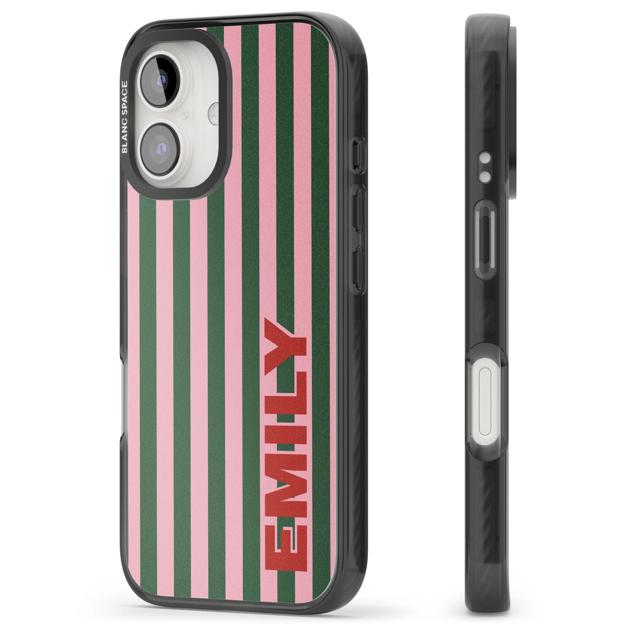 Italian Stripe preppy iPhone case featuring pink and green vertical stripes with personalised red name | Black Impact case for iPhone 16, iPhone 16 Plus