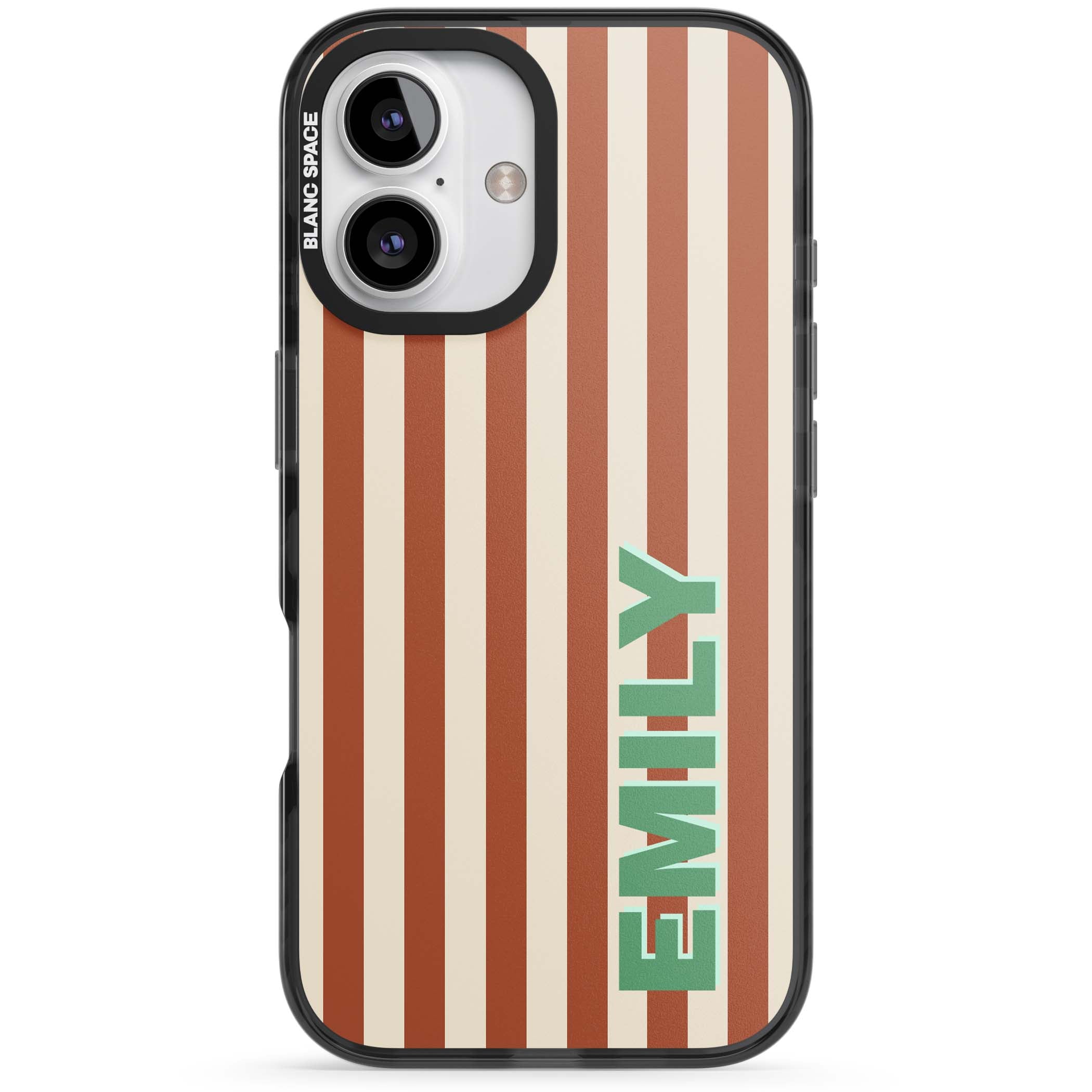 Dune Stripe personalised iPhone case with rust and cream vertical stripes and custom name in mint green | Black Impact case for iPhone 16, iPhone 16 Plus