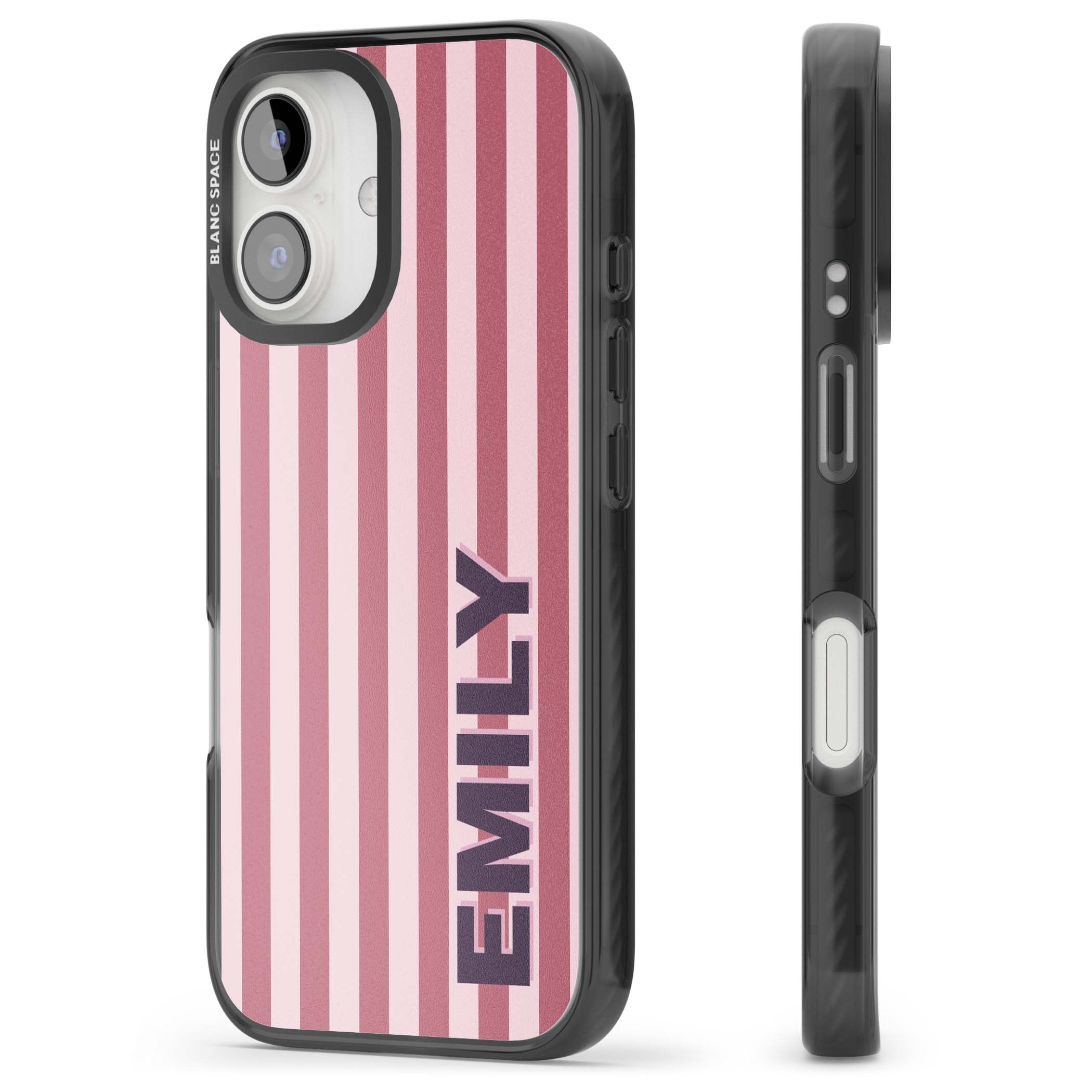 Victoria Stripe personalised iPhone case featuring pink vertical stripes and custom name in bold plum lettering | Black Impact case for iPhone 16, iPhone 16 Plus