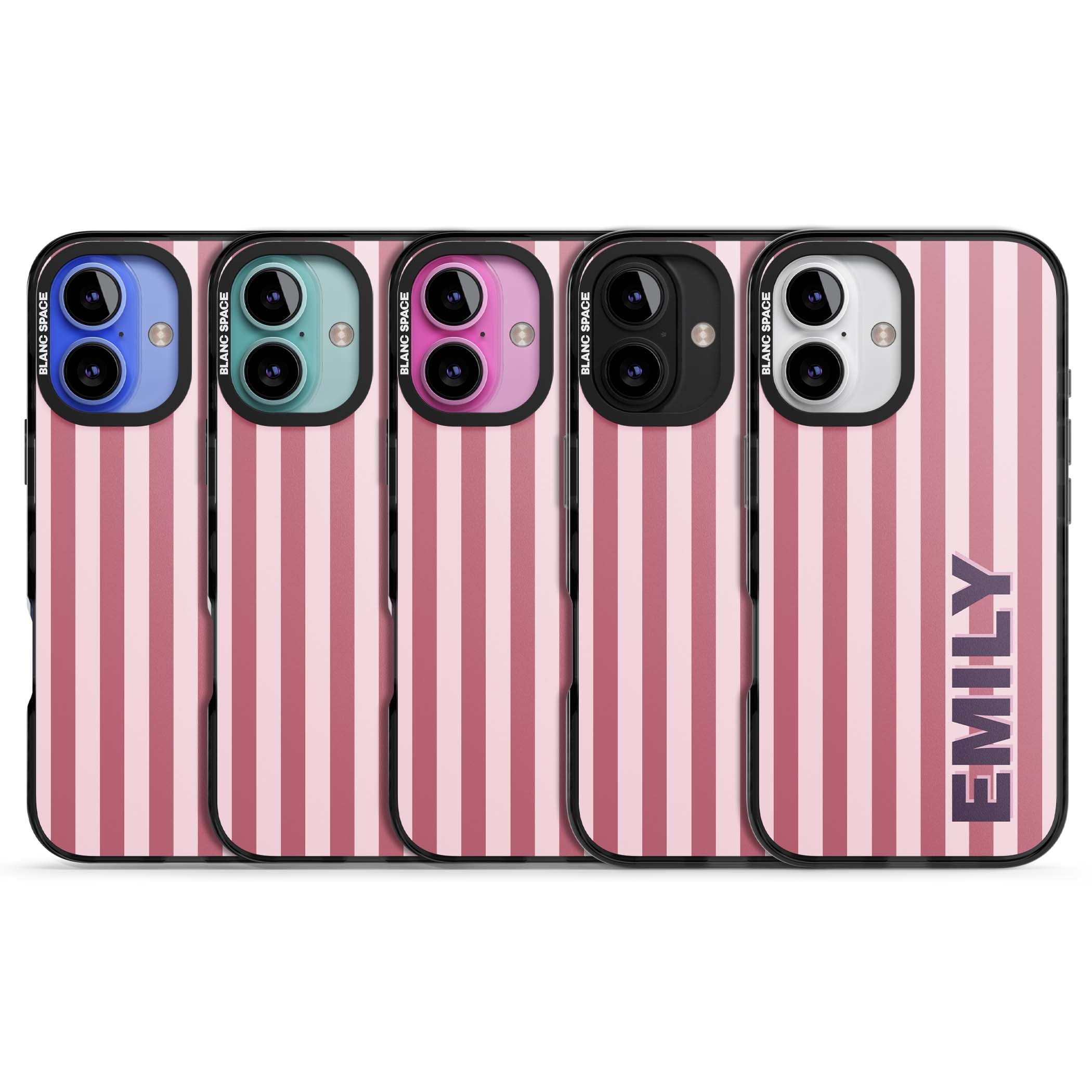 Victoria Stripe personalised iPhone case featuring pink vertical stripes and custom name in bold plum lettering | Black Impact case for iPhone 16, iPhone 16 Plus
