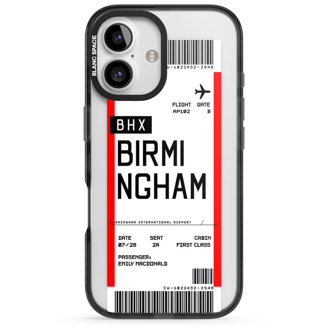 iPhone 16 Pro Max Personalised Birmingham Boarding Pass Black Impact Phone Case