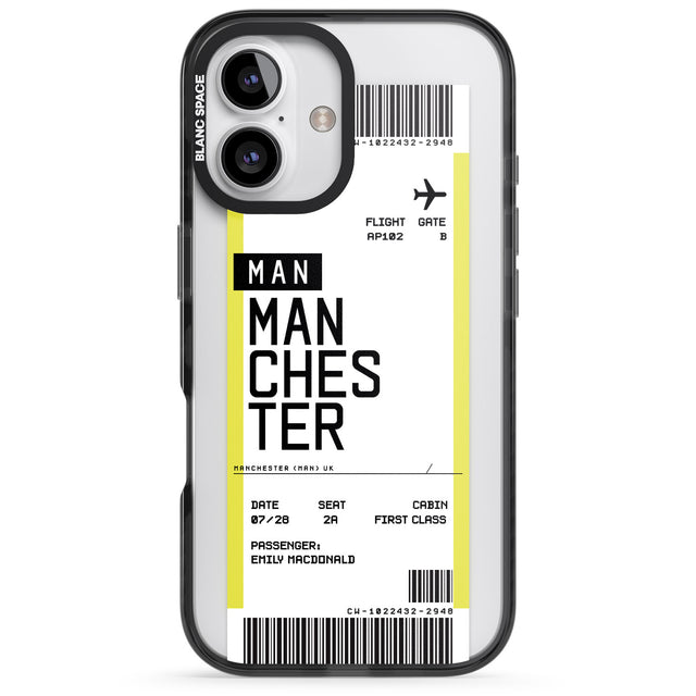 iPhone 16 Pro Max Personalised Manchester Boarding Pass Black Impact Phone Case