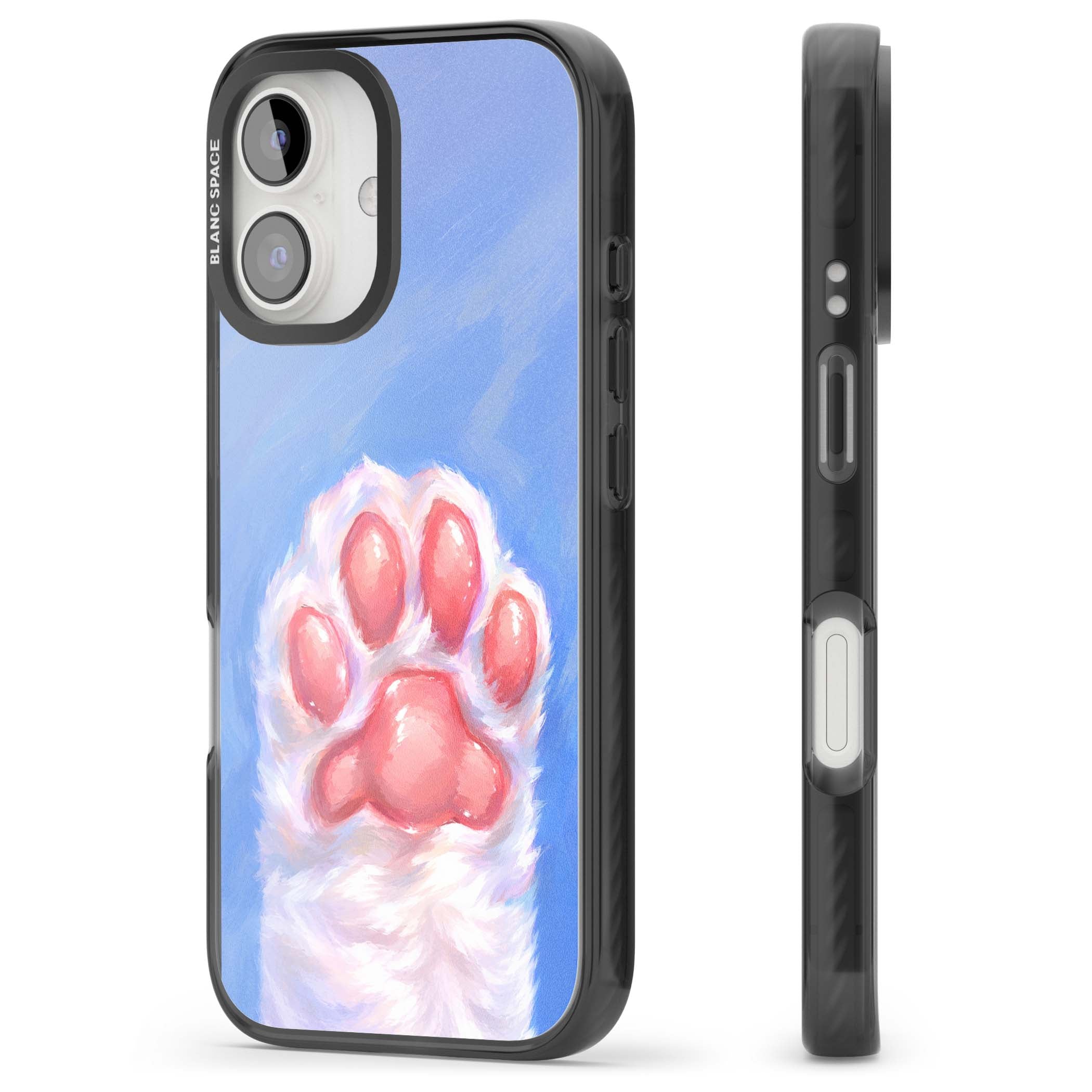 Soft White Paw cute iPhone case | Black Impact case for iPhone 16, iPhone 16 Plus