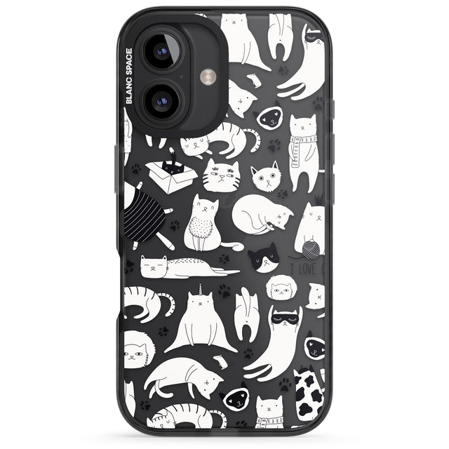 iPhone 16 Pro Max Cartoon Cat Collage - Black & White Black Impact Phone Case