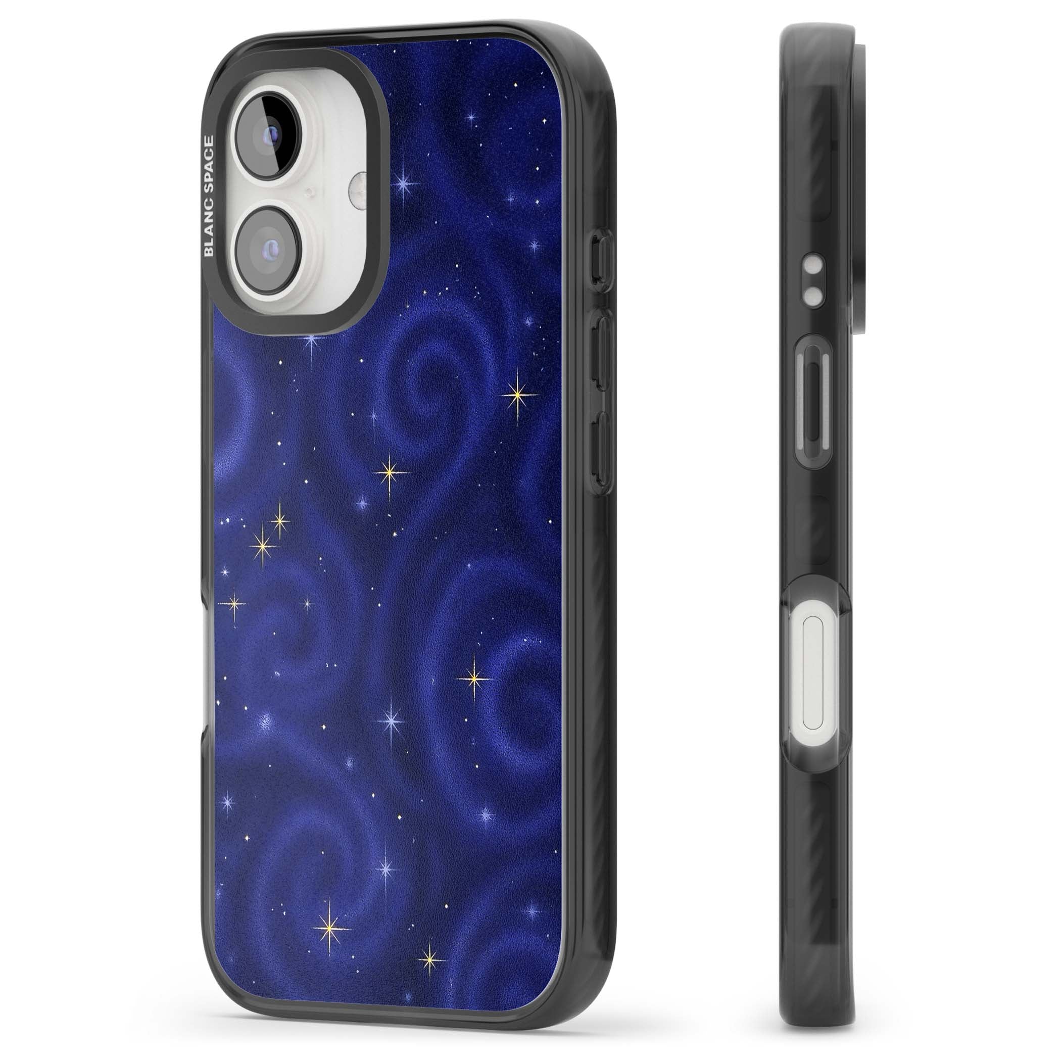Indigo Cosmos celestial iPhone case featuring swirling navy night sky and sparkling golden stars | Black Impact case for iPhone 16, iPhone 16 Plus