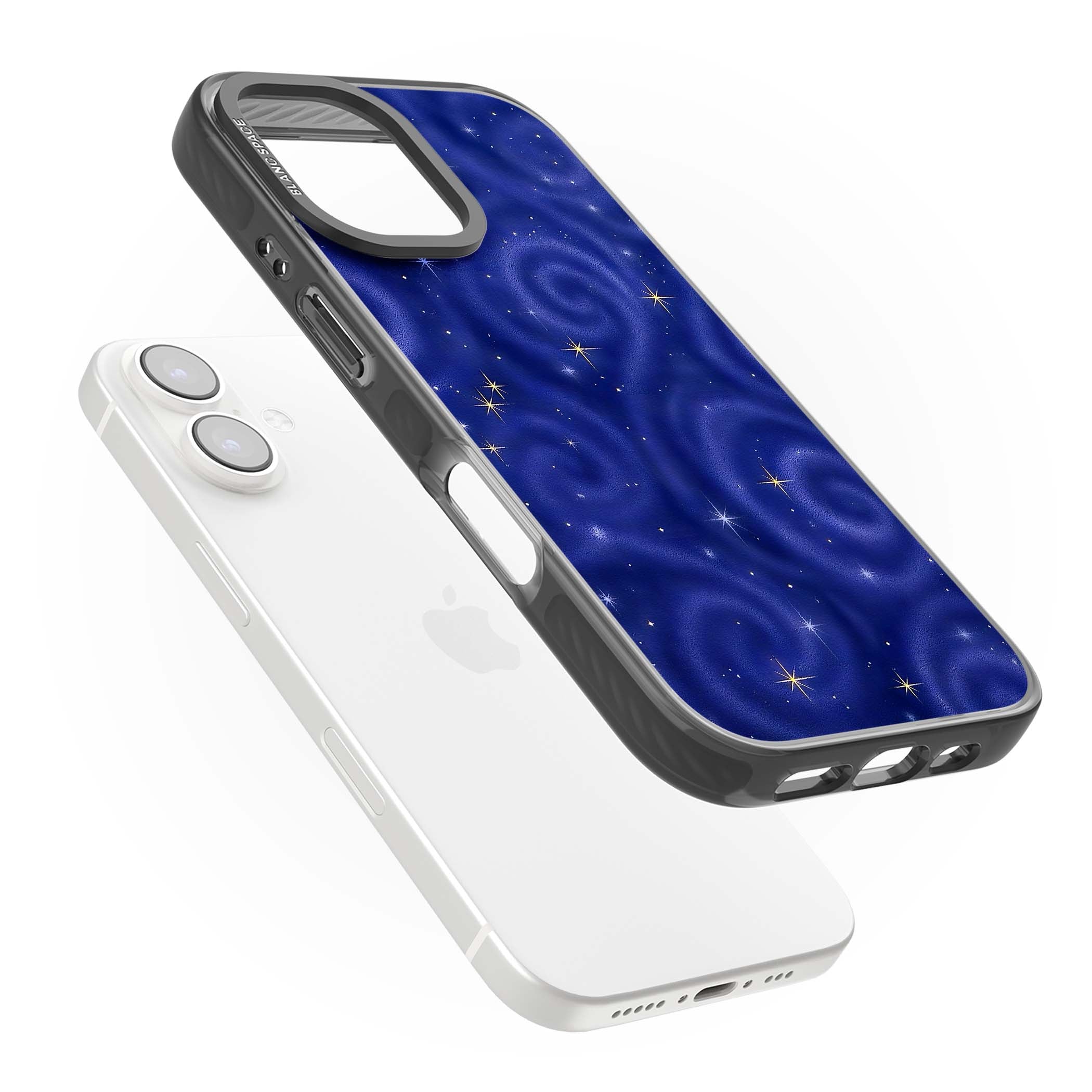 Indigo Cosmos celestial iPhone case featuring swirling navy night sky and sparkling golden stars | Black Impact case for iPhone 16, iPhone 16 Plus
