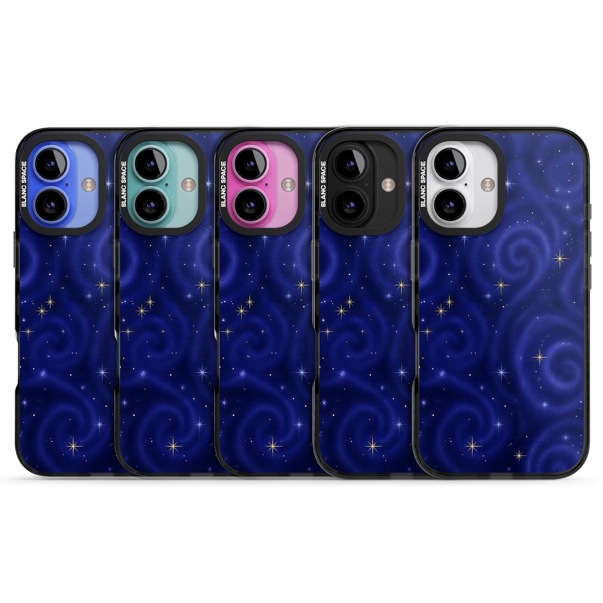 Indigo Cosmos celestial iPhone case featuring swirling navy night sky and sparkling golden stars | Black Impact case for iPhone 16, iPhone 16 Plus