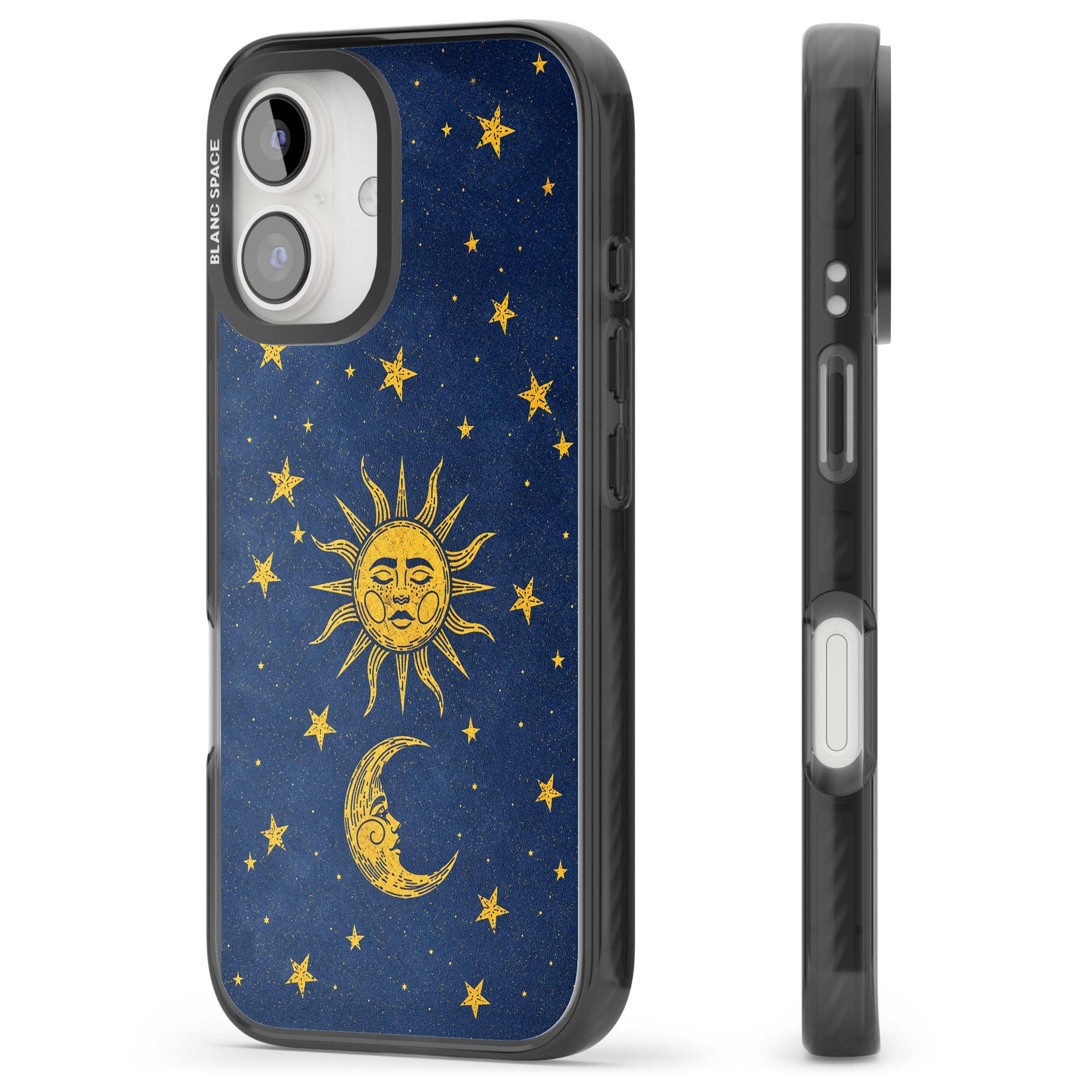 Sun & Moon Reverie celestial iPhone case featuring a vintage golden sun, crescent moon and scattered stars on midnight blue | Black Impact case for iPhone 16, iPhone 16 Plus